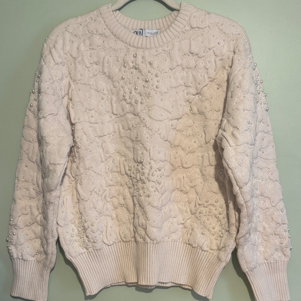 Zara Pearl-Embellished Cream Cable Crewneck Sweater NWT